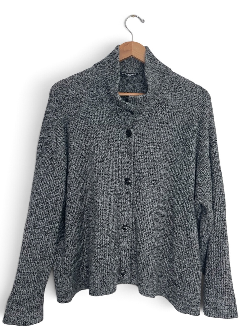 EILEEN FISHER Peruvian Organic Cotton High Collar Sweater Knit Cardigan Boxy L - Picture 5 of 11